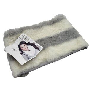 Ann Taylor Loft Infinity Scarf Muffler Faux Fur Silk Lined Grey White Striped